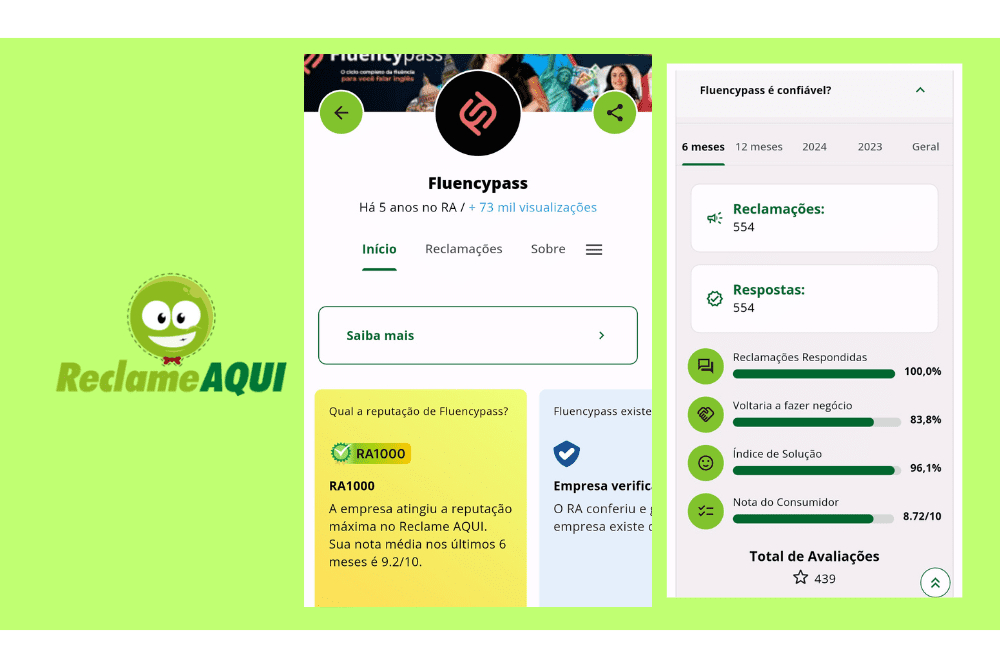 Página do aplicativo Fluencypass no smartphone mostrando avaliações positivas e reputação 5 estrelas, com destaque para a nota RA1000 no Reclame Aqui.