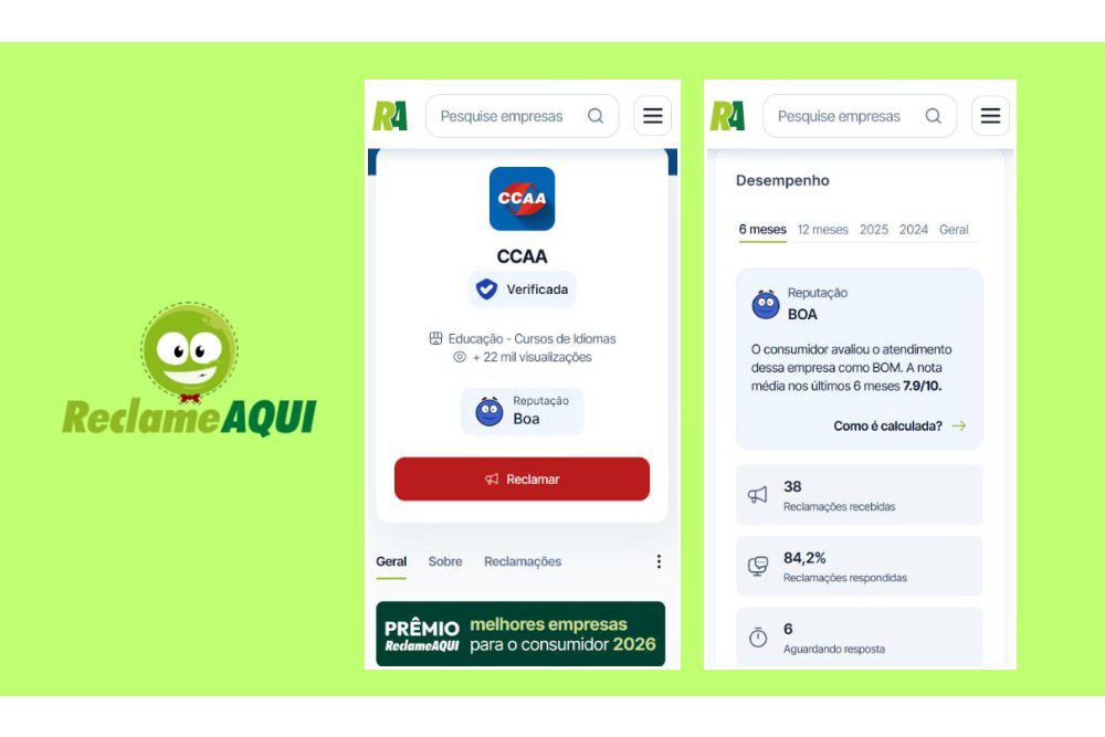 Avaliação do CCAA no Reclame Aqui: reputação Boa, com nota média de 7.9 em 10 nos últimos 6 meses, 38 reclamações recebidas e 84,2% respondidas (outubro de 2026).